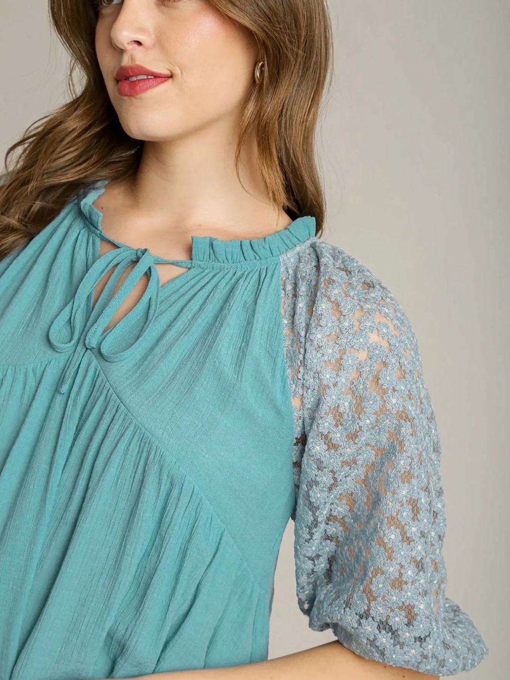Umgee Teal Tie-Neck Blouse with Lace Puff Sleeves